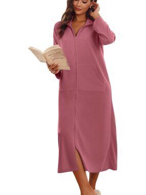 〽️Women's Bathrobe Pale Violet Red Long Sleeves Zipper Loungewear with Pockets